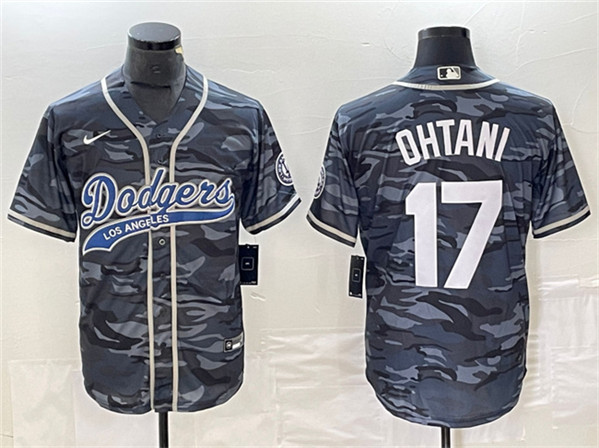 Men's Los Angeles Dodgers #17 Shohei Ohtani Gray Camo Cool Base With Patch Stitched Jersey